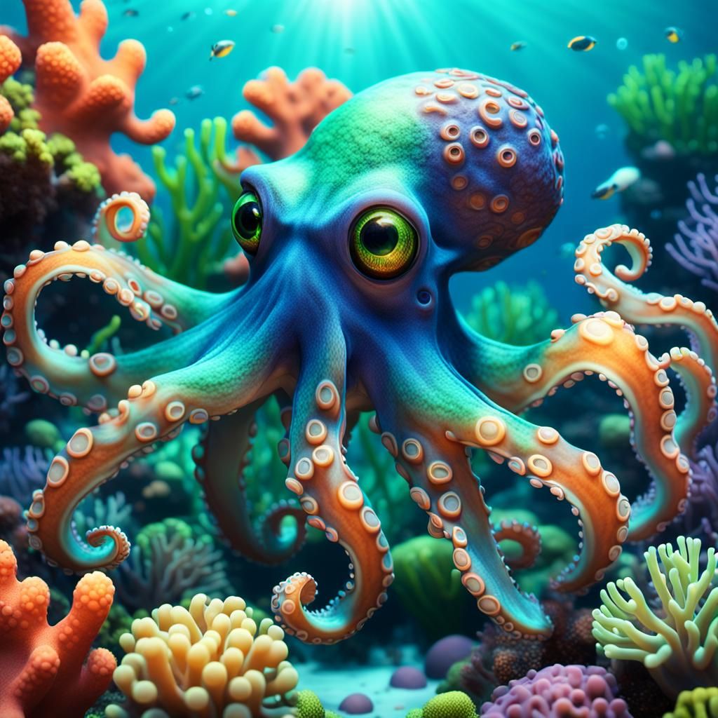 Playful Octopus in Coral Reef: 3D Digital Art