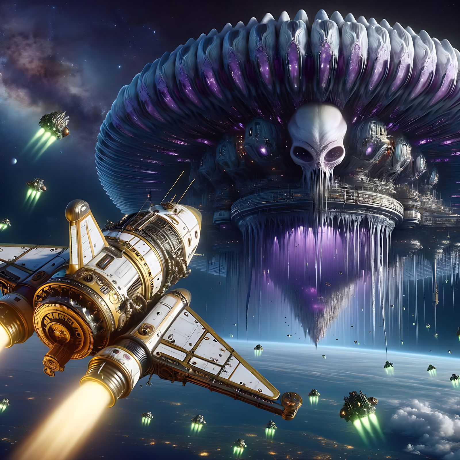 Steampunk Rocketship Soaring to Alien Mothership