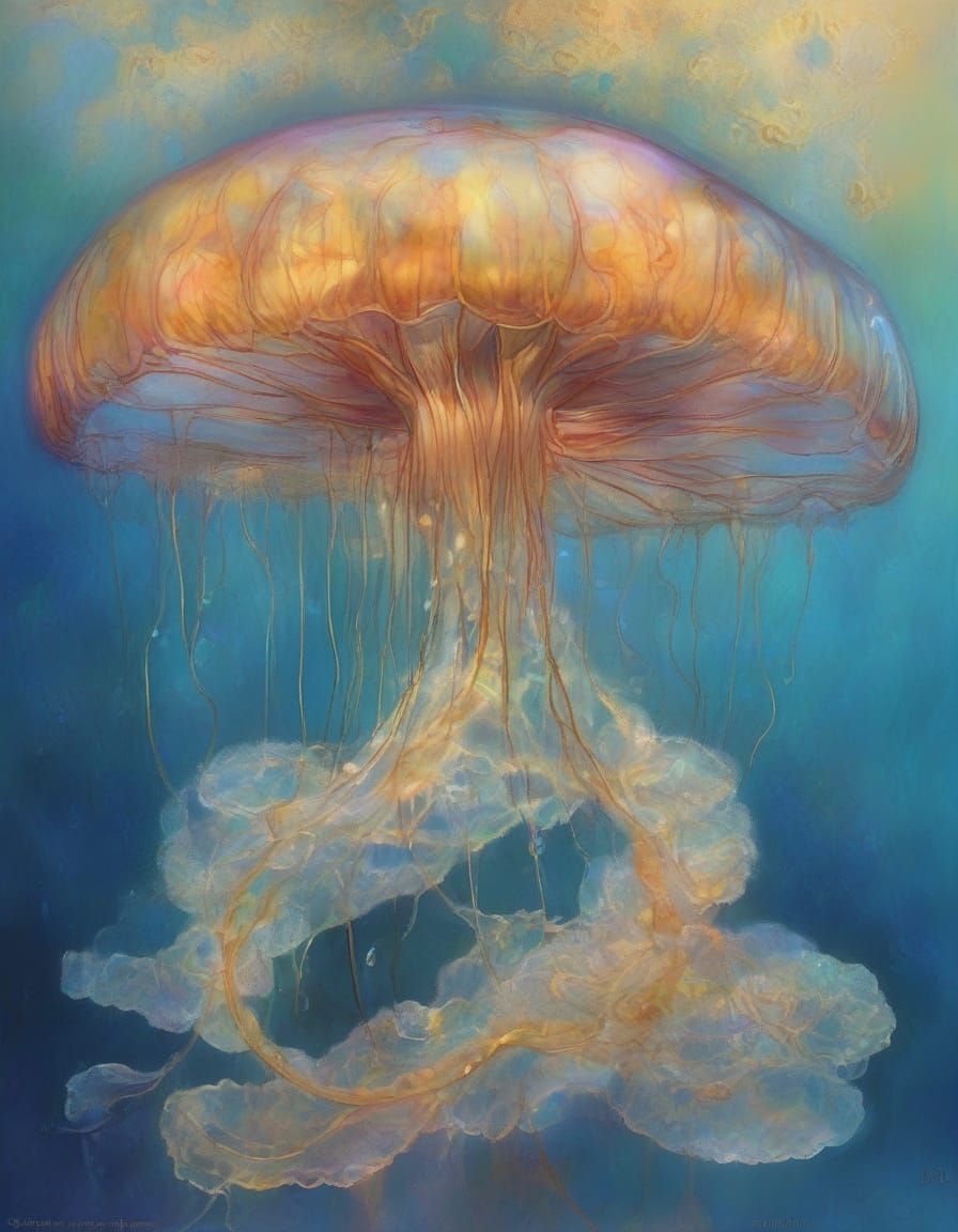 Glowing Iridescent Jellyfish in an Ethereal Underwater Scene