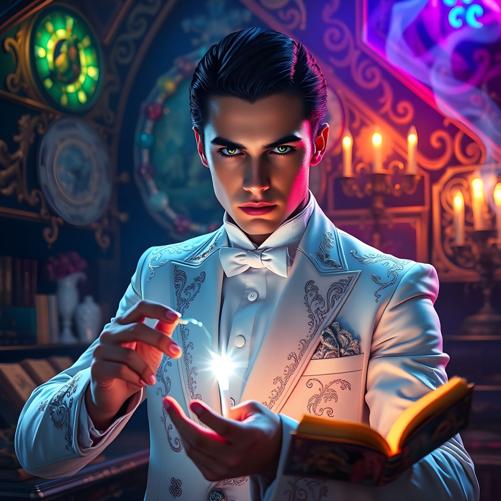 Magician in White Suit Performing Magic