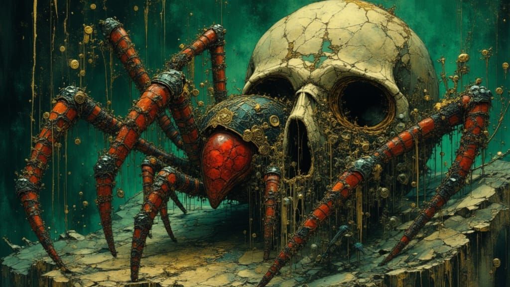 Gothic Spider Queen and Spider on Bleached Skull