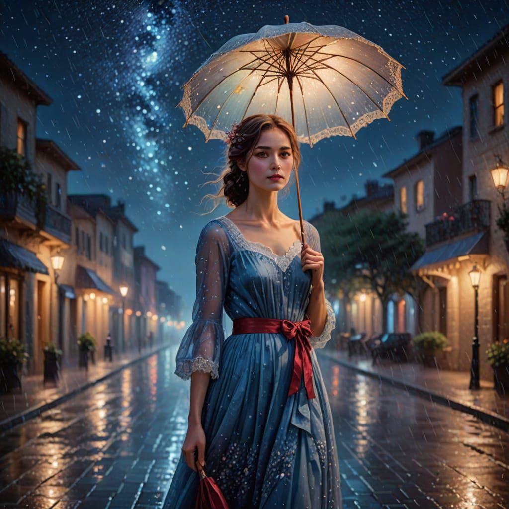 Dreamy Blue Moon Night Scene in Romantic Impressionist Style