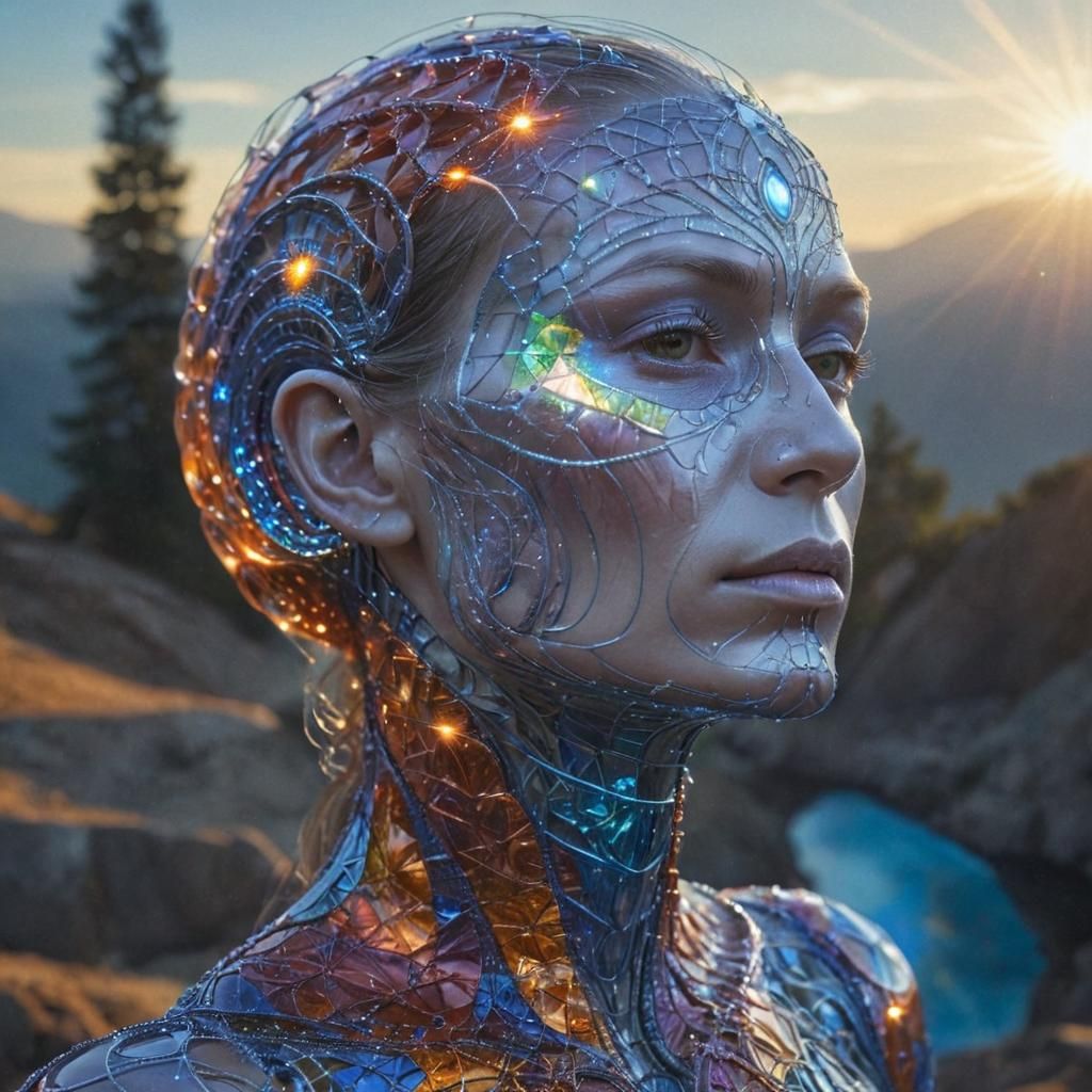 Mystical Being Portrait with Iridescent Fractal Patterns