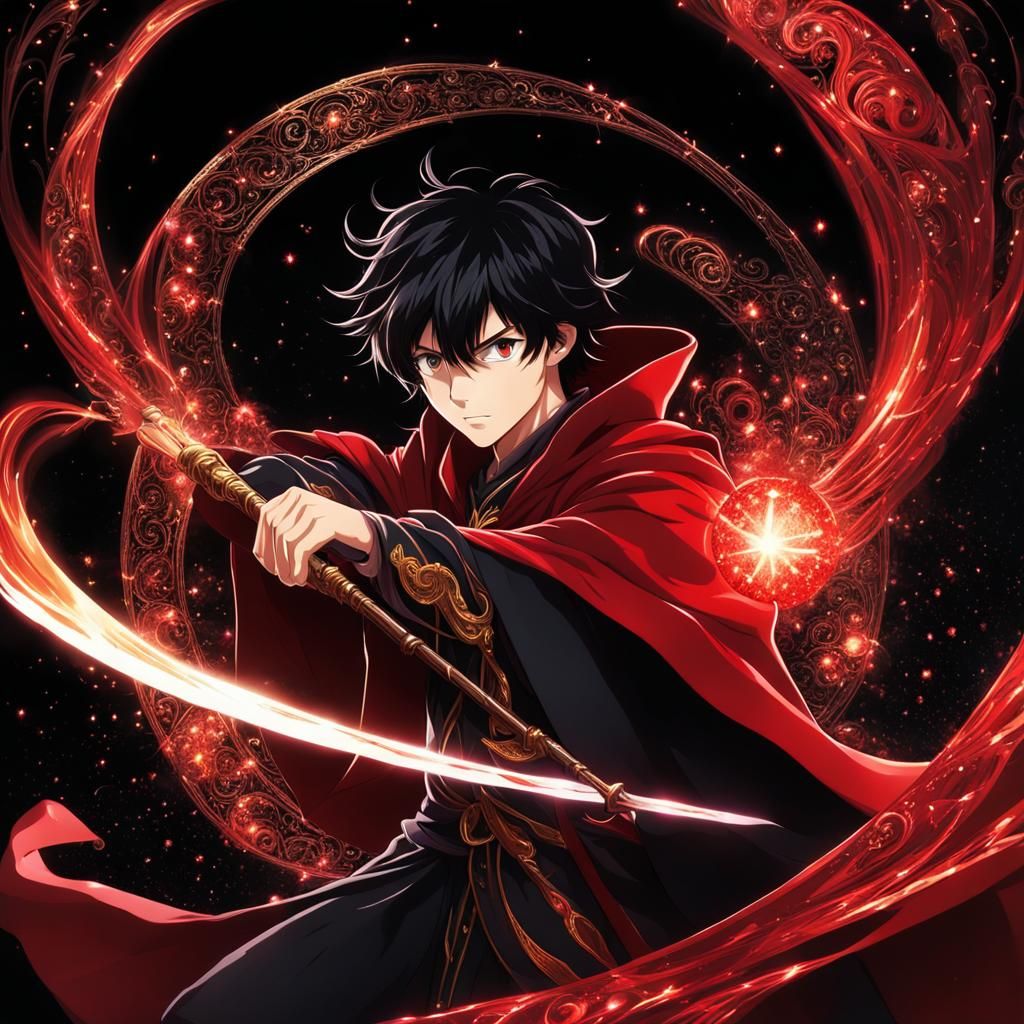 Anime Wizard with Wand in Chiaroscuro Lighting