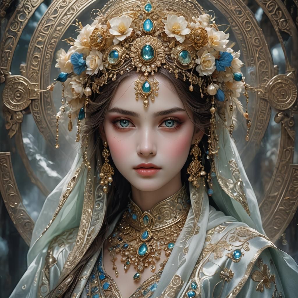 Ethereal Woman with Translucent Skin and Shimmering Eyes