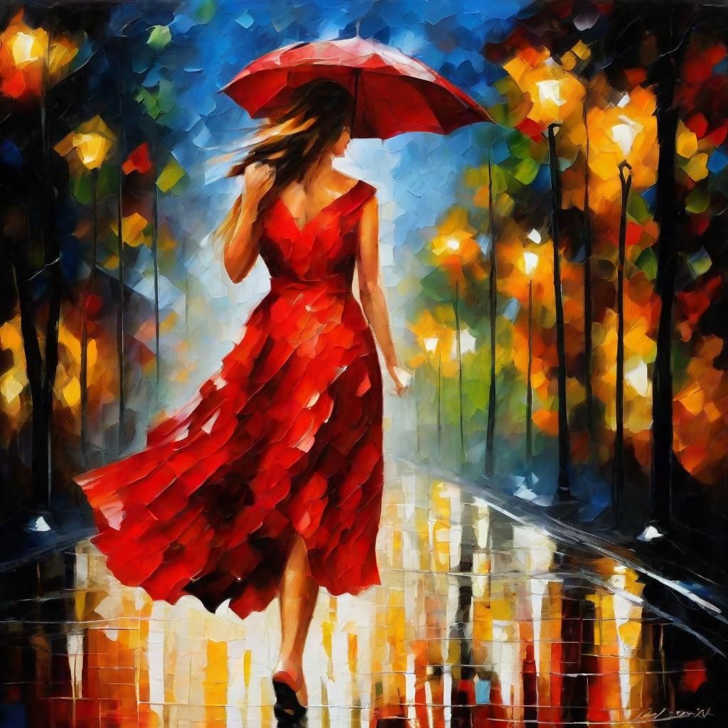 Rainy Night Woman in Red Dress, Impressionist Style