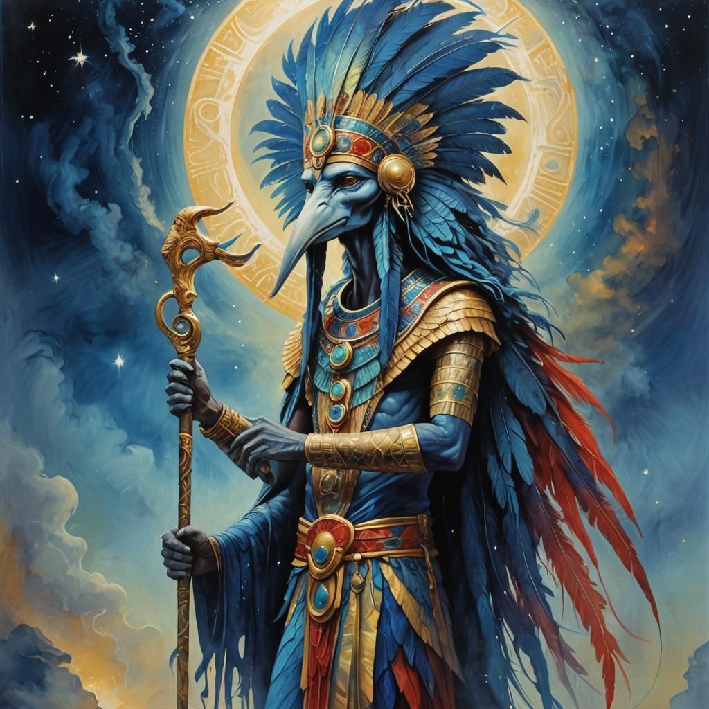 Thoth on Moonlit Platform in Surreal Oil Painting