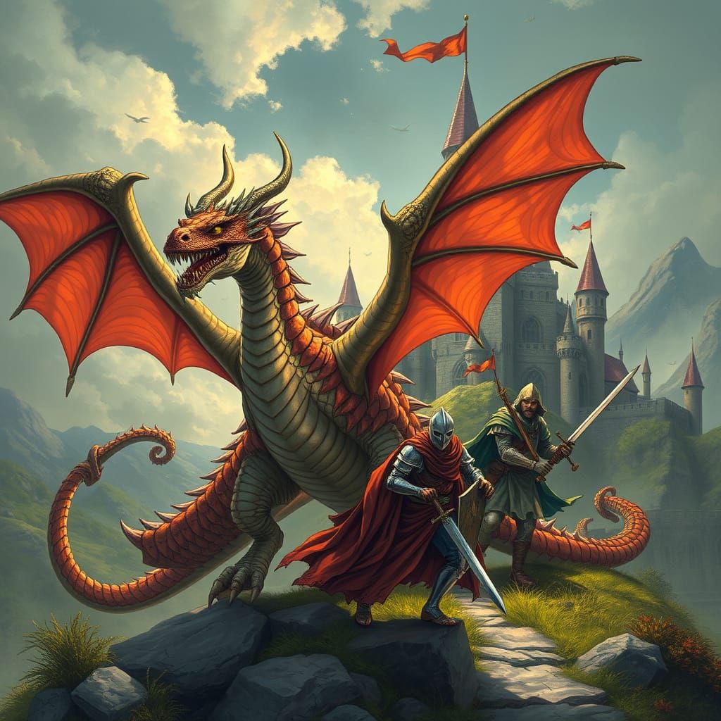 Epic Fantasy Scene of a Warrior Dragon and Human Knights