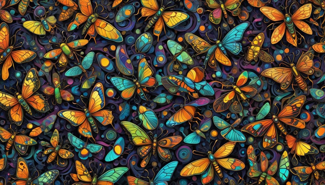 Psychedelic Insects in a Swirling Neon Dreamscape