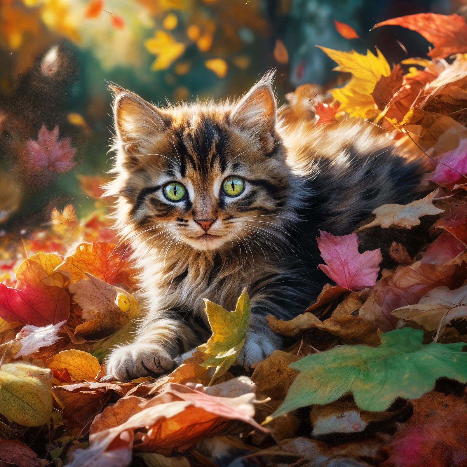 Playful Kitten in Autumn Leaves, Detailed Matte Painting