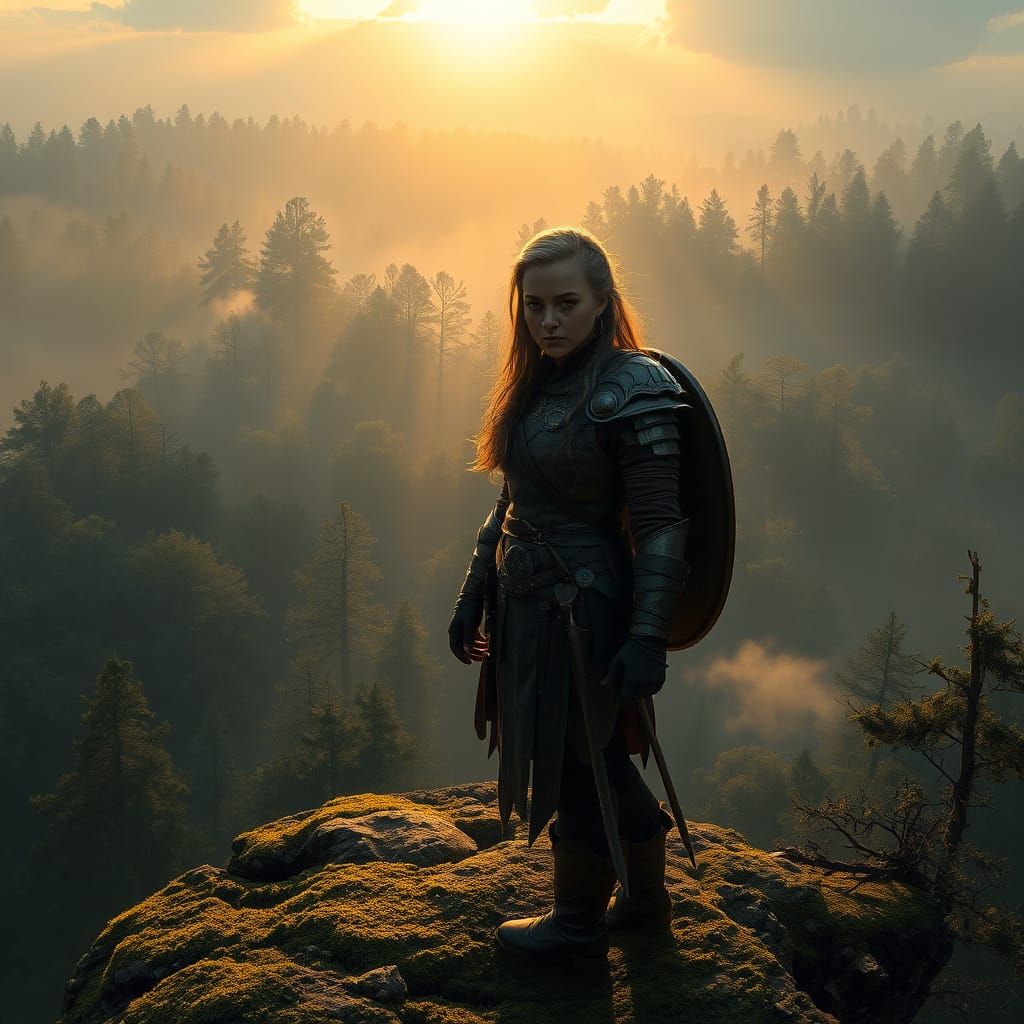 Warrior Woman Overlooks Ancient Forest at Sunset