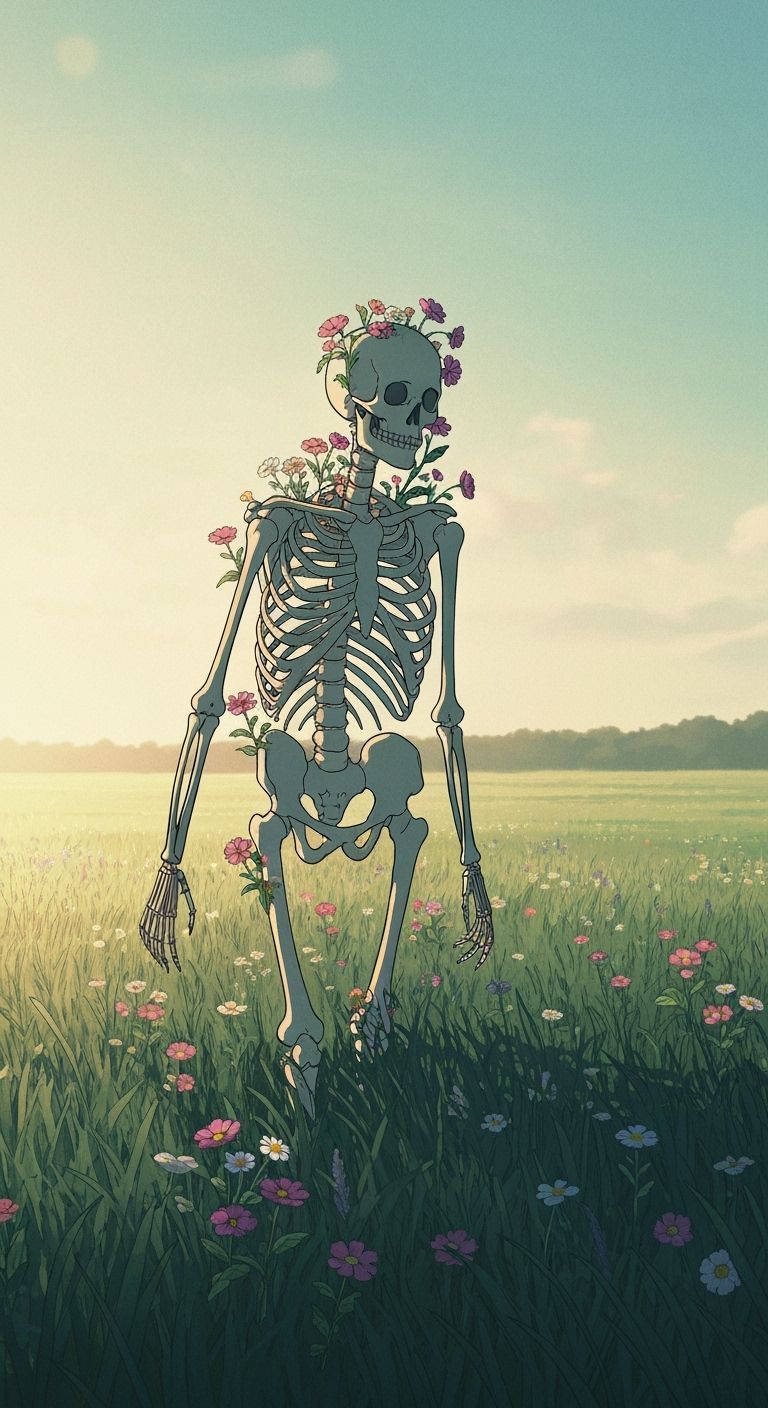 Melancholic Skeleton with Flowers in Anime Style