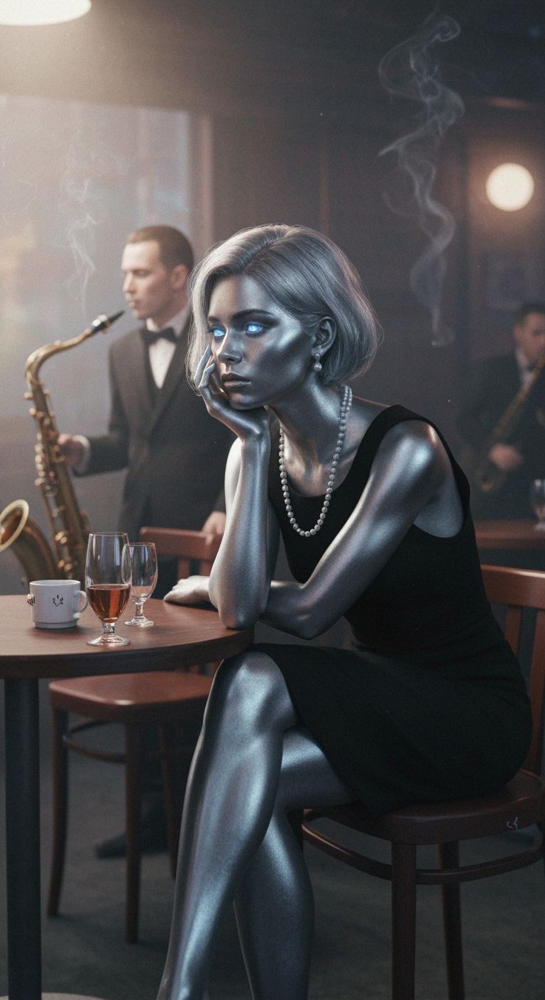 Silver-Skinned Woman in Smoky Jazz Club