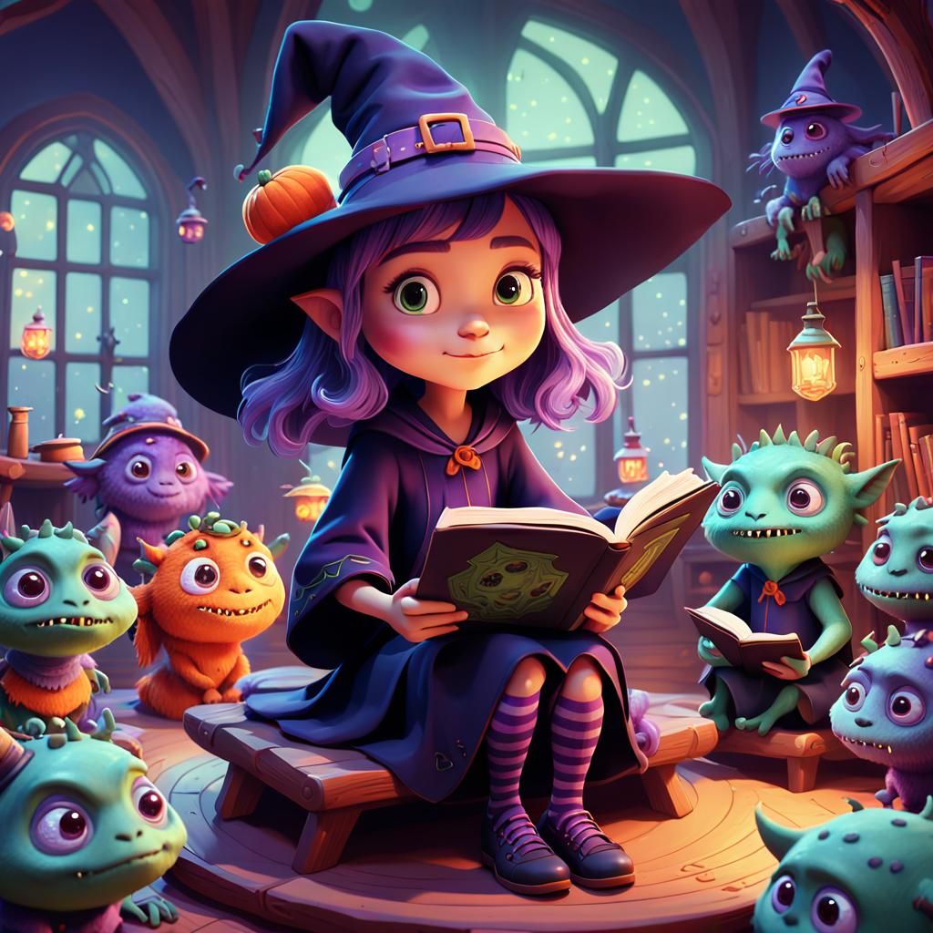 Cartoon Witch Reads to Monsters: Fantasy Art