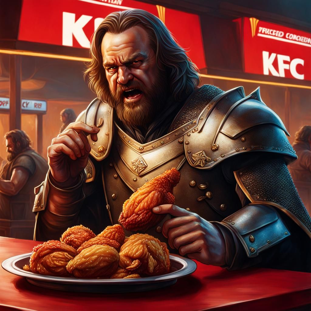 Sandor Klegane, eating mutant fried chicken, at KFC