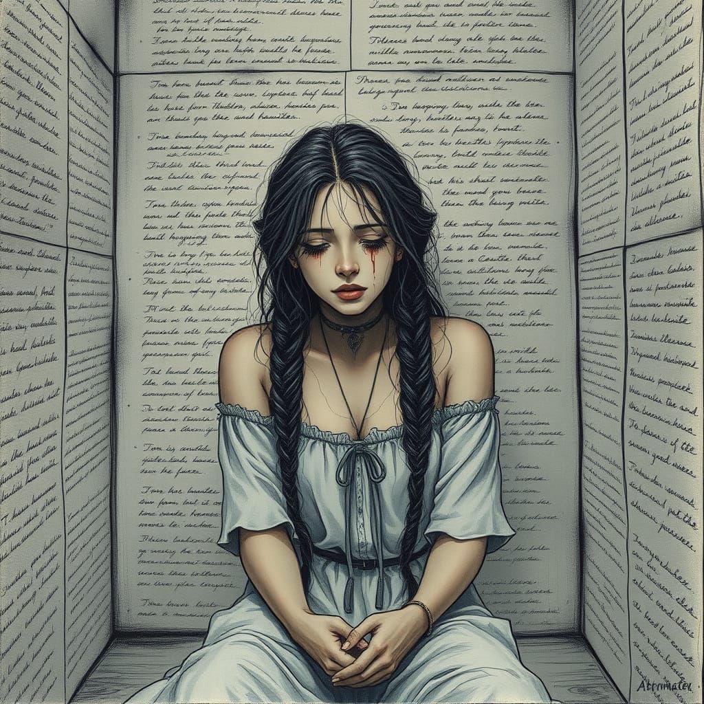 Female Sitting alone in a desolate cell, parchment walls with writing encompassing every wall space, tears falling on he...