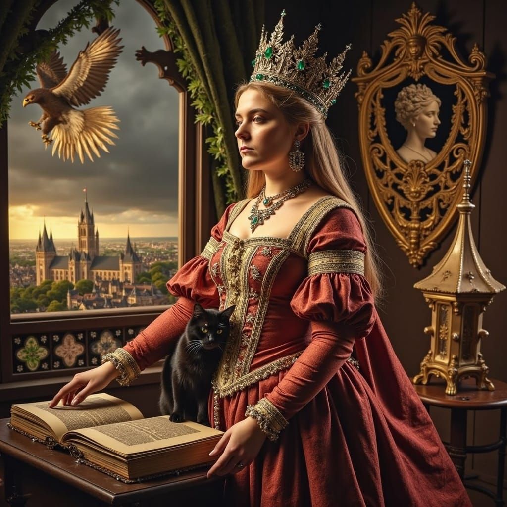 Medieval Queen with Black Cat in Dark Castle