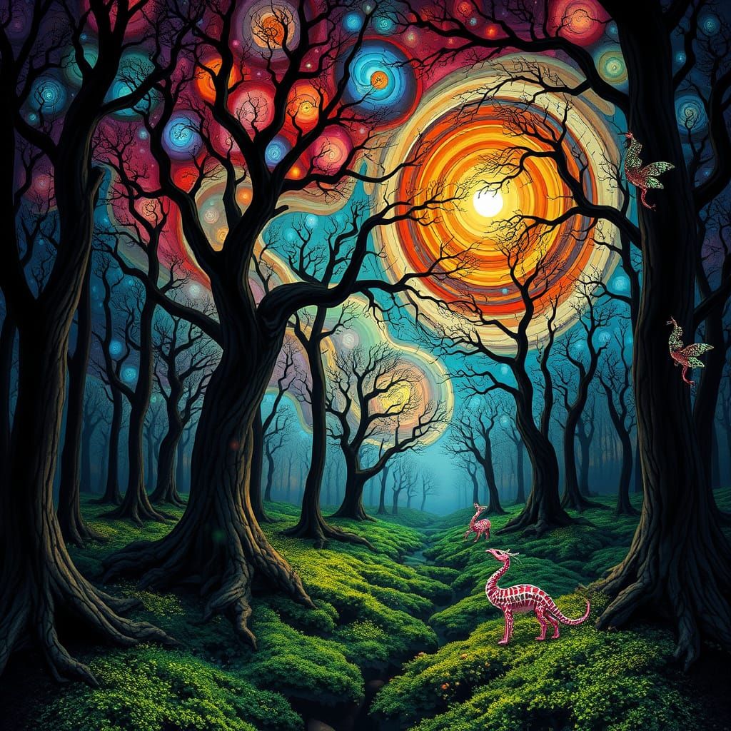 Ethereal Stained Glass Forest in Vibrant Nebulae Landscape