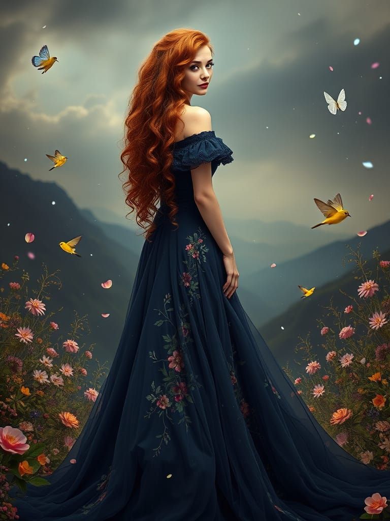 Victorian Woman in Dreamy Floral Landscape