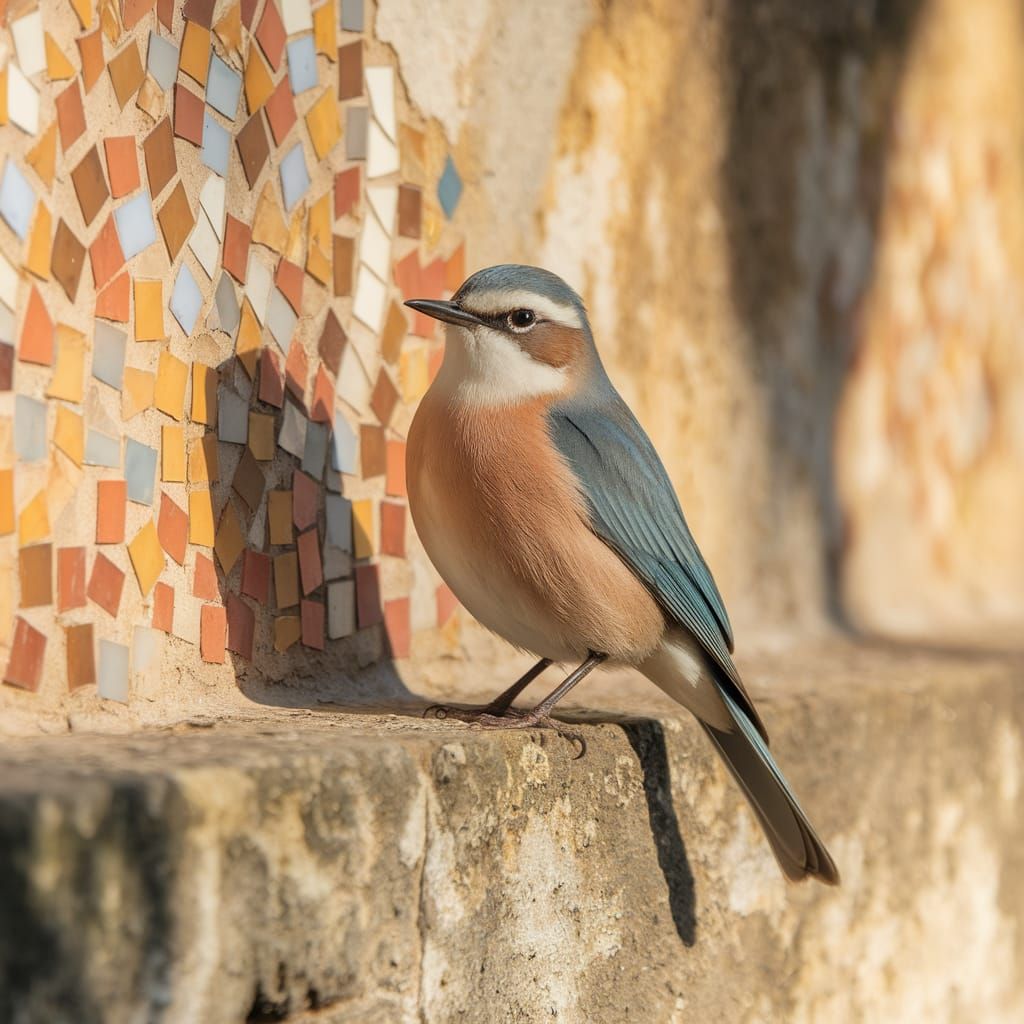 Whinchat on Mosaic-Tiled Wall in Warm Golden Light