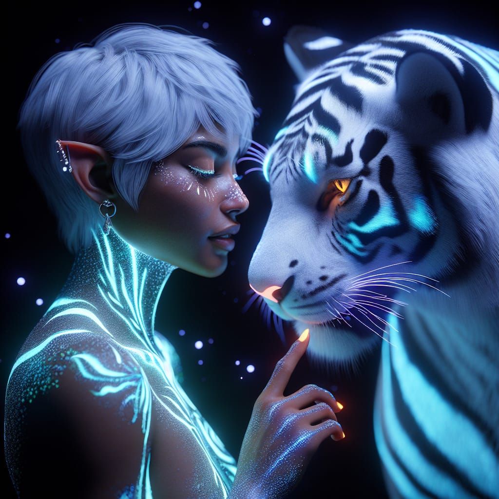 Hyperrealistic Tiger Priestess Under Black Light