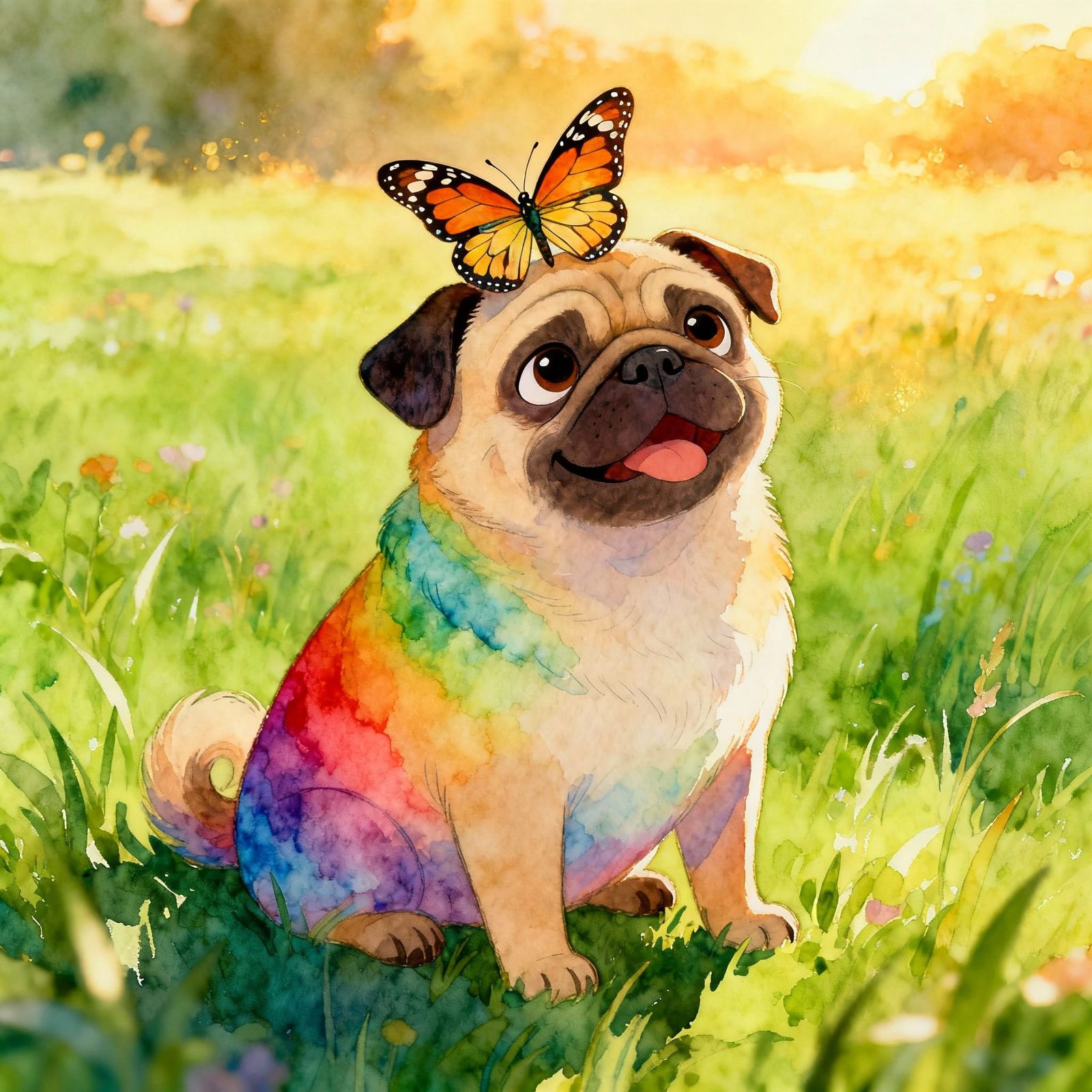 Rainbow Pug With Butterfly In Soft Ethereal Light