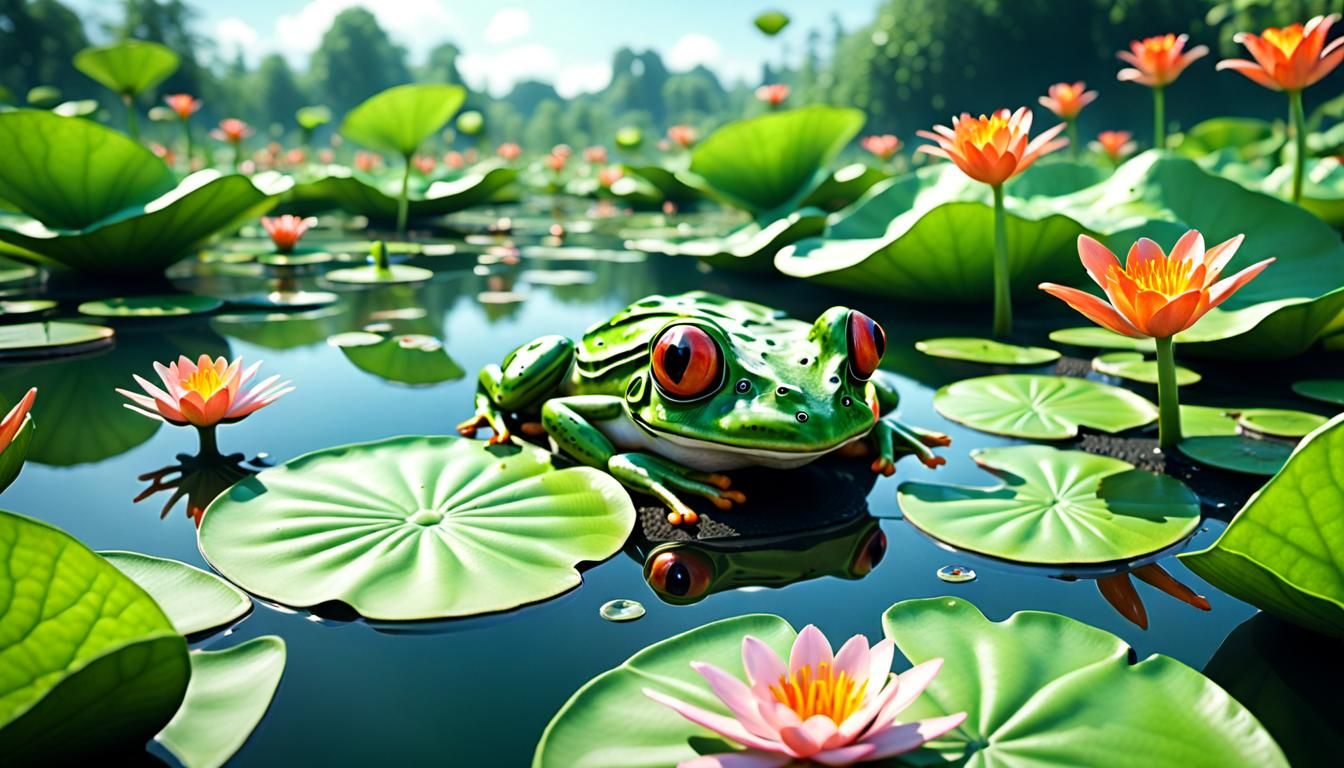 Robotic Frog in Lily Pond: 8K Surreal Scene