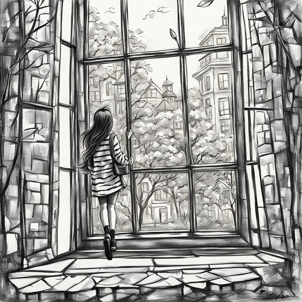 Cute Girl Pencil Sketch in Abstract Impasto Style