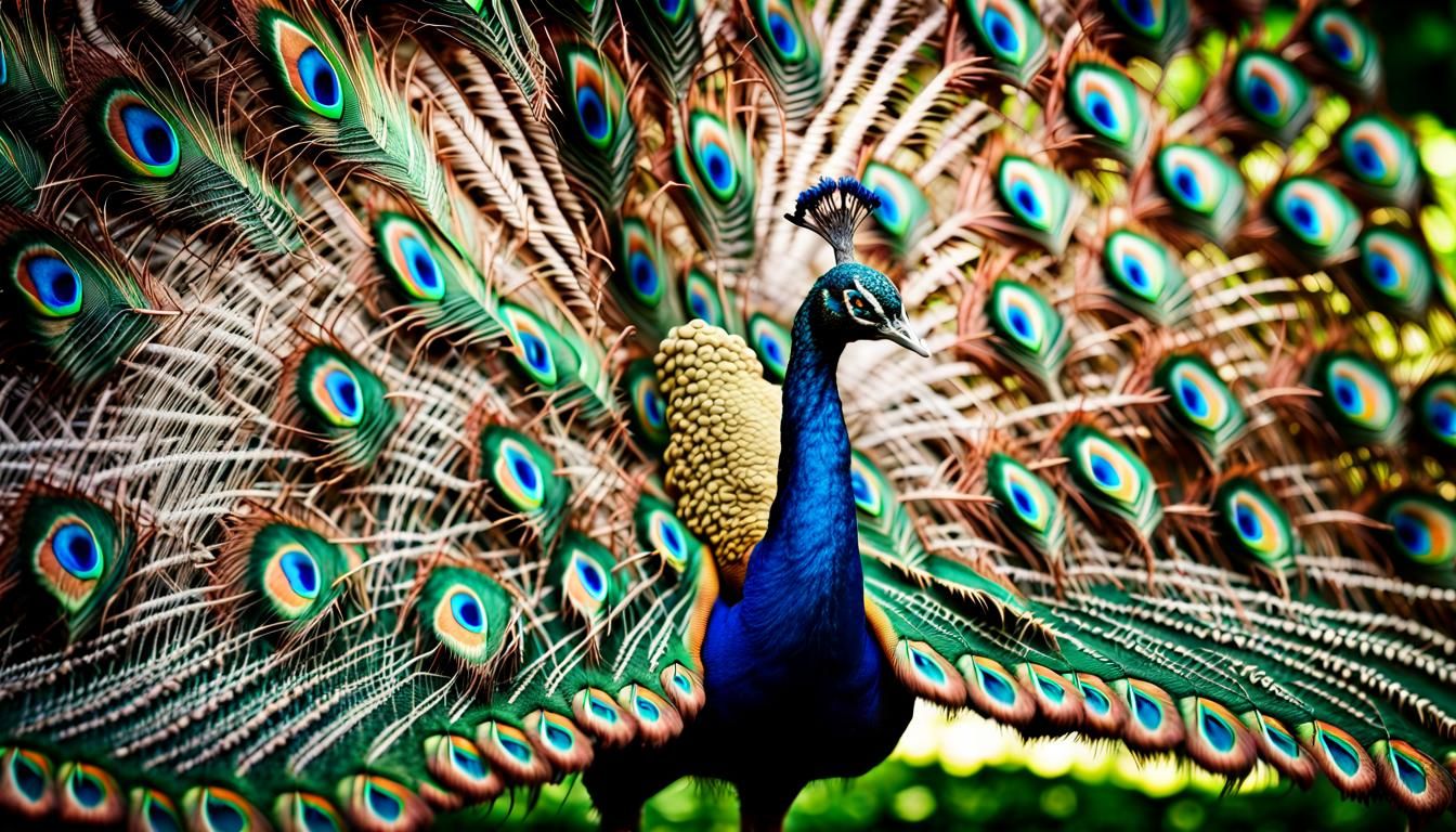 Majestic Peacock Display in Rose Garden: Hyperrealistic HDR
