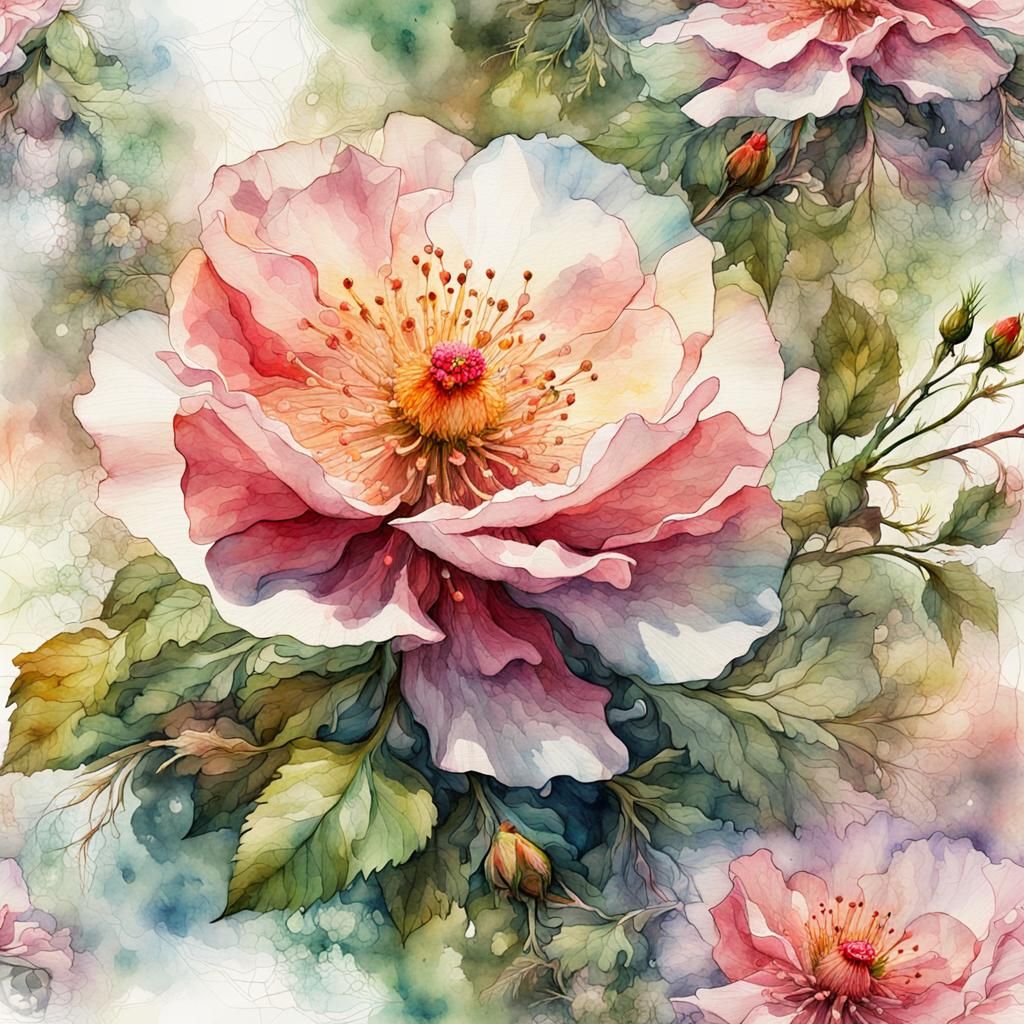 Fantasy Double Exposure Rose Bloom in Watercolor Style