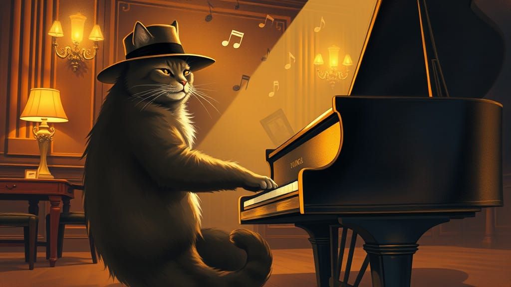 Sophisticated Feline Virtuoso Plays Jazz on Grand Piano
