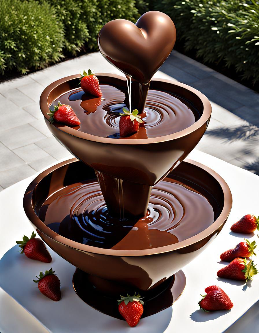 Chocolate Heart Fountain Flowing Gold and Strawberries