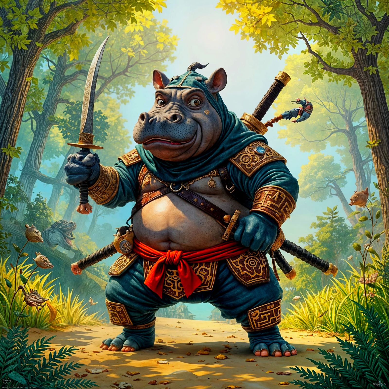 Funny Ninja Hippo Caricature in Rackham Style