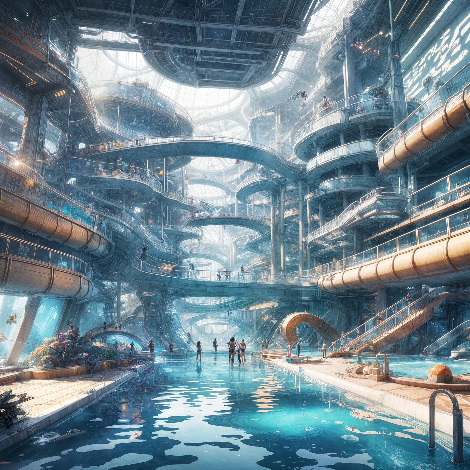 A Futuristic Indoor Waterpark in Vibrant Anime Style