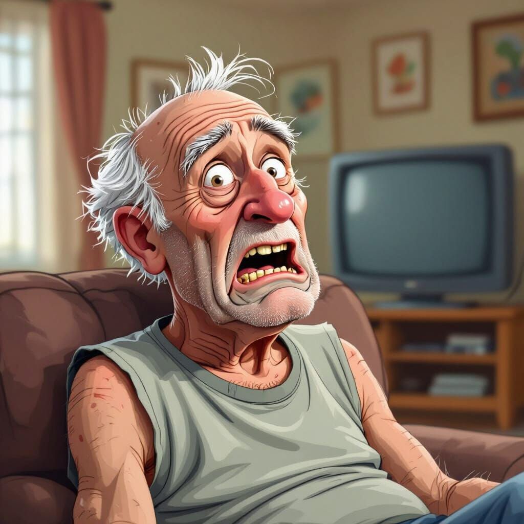 Confused Man on Couch in Cartoon Style