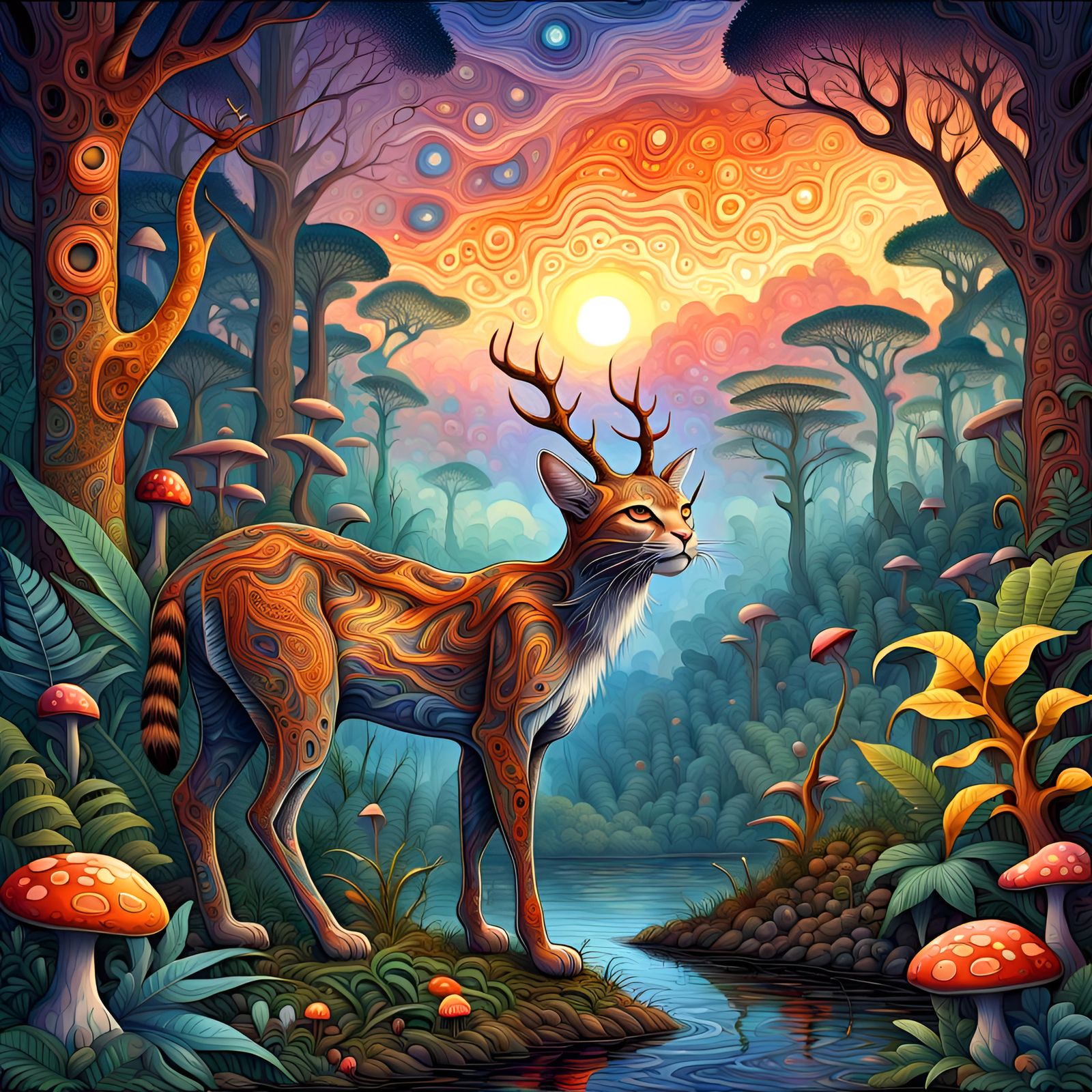 Alien Rainforest Sunset in Neo-Impressionist Style