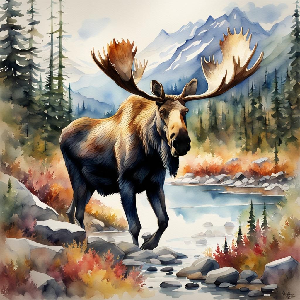 Watercolor Moose in Alaskan Wilderness