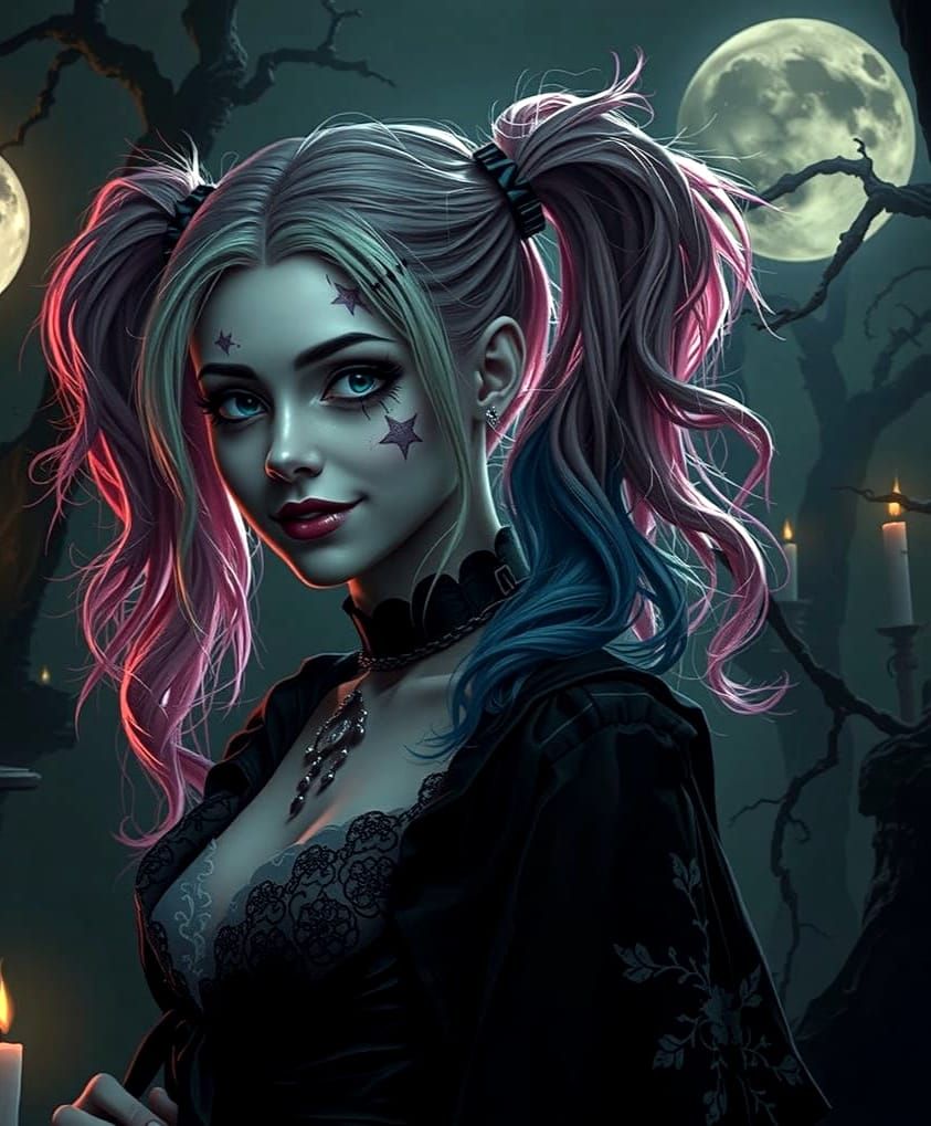 Ethereal Gothic Witch Harley Quinn in 17th-Century Salem