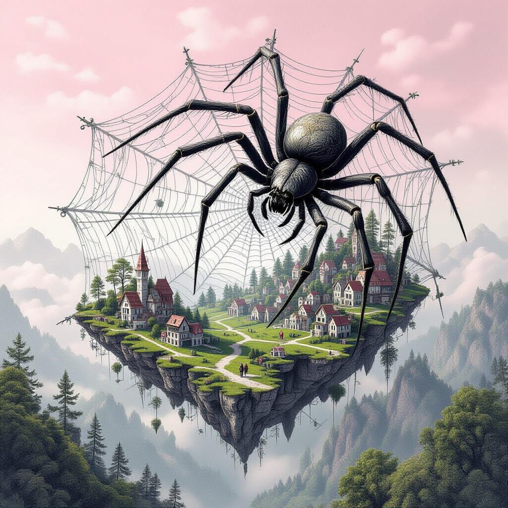 Surreal Monochrome Sketch of Spiderweb Worlds