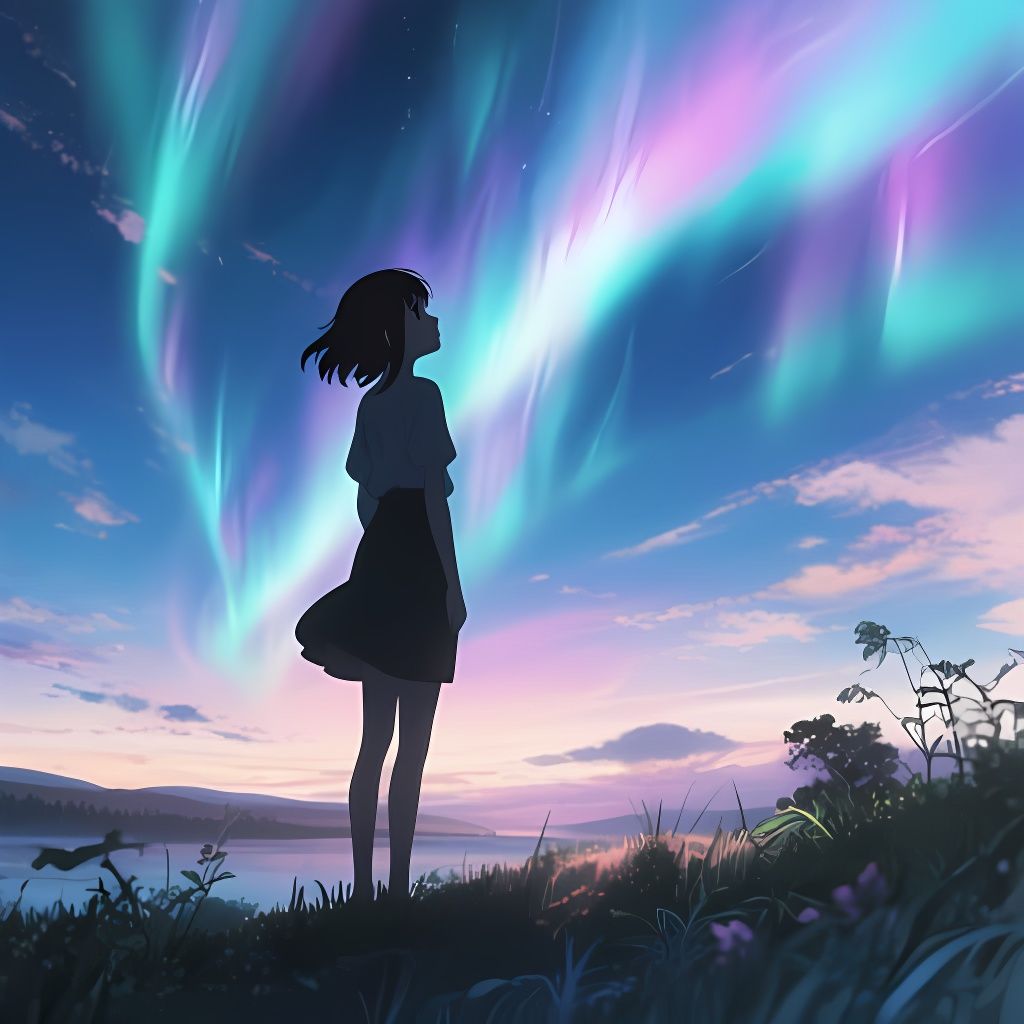 Anime Woman Watches Northern Lights in Nature