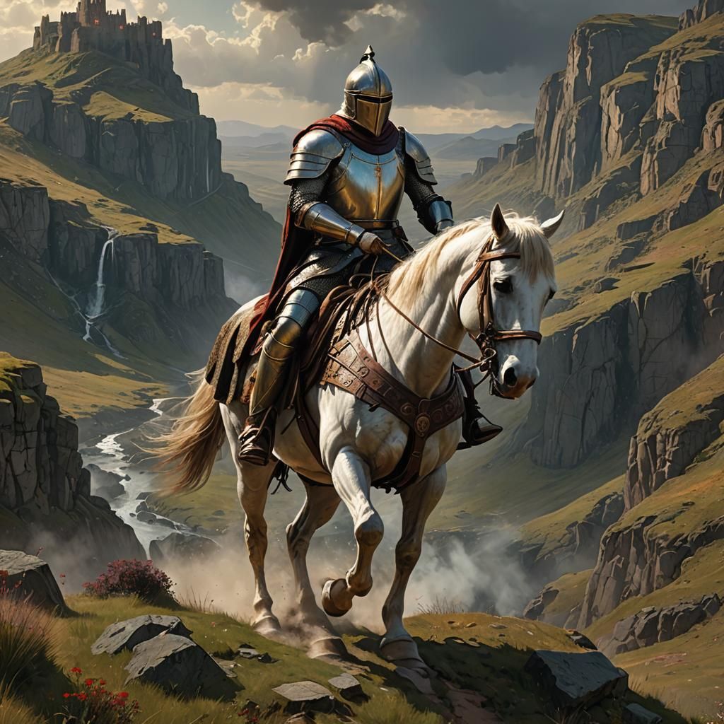 A heroic mounted knight, on horseback, in shining armor, on ...