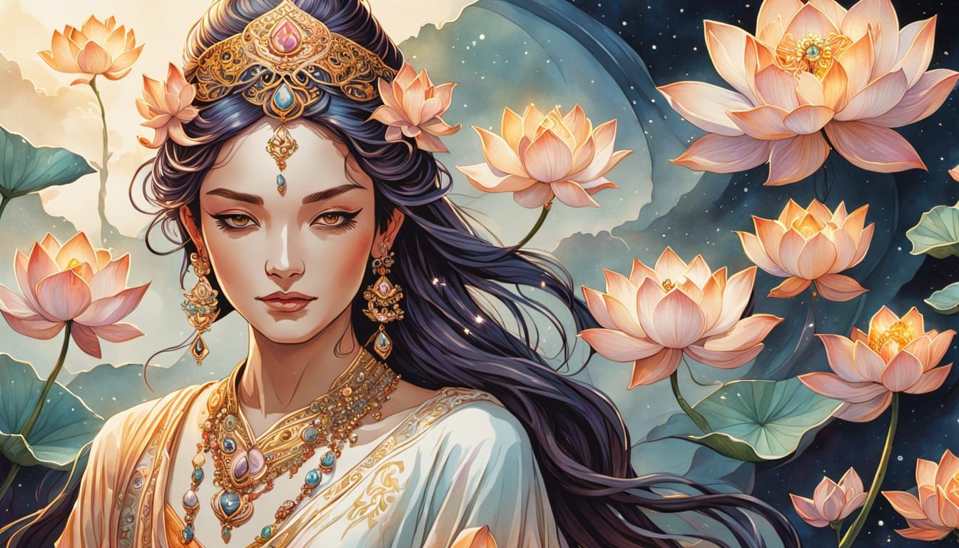 Serene Goddess in Dreamy Watercolor Style