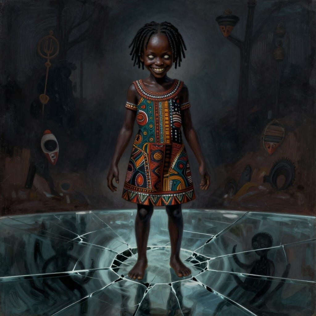 African Girl With Mocking Grin On Liquid Glass
