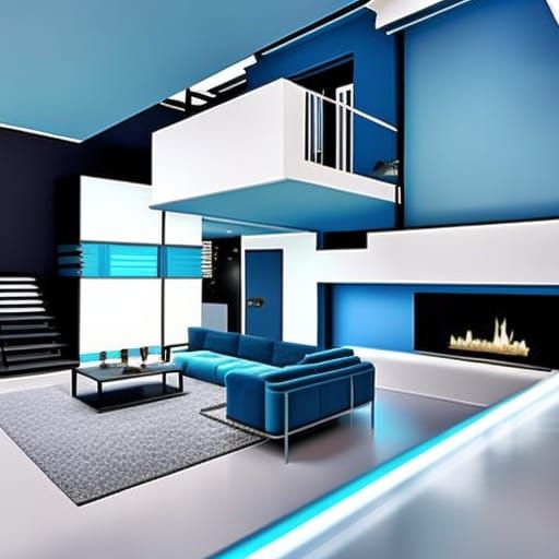 Icy blue loft apartment with icy blue walls& fully functional with living room& kitchen& bathroom& upstairs bedroom& icy...