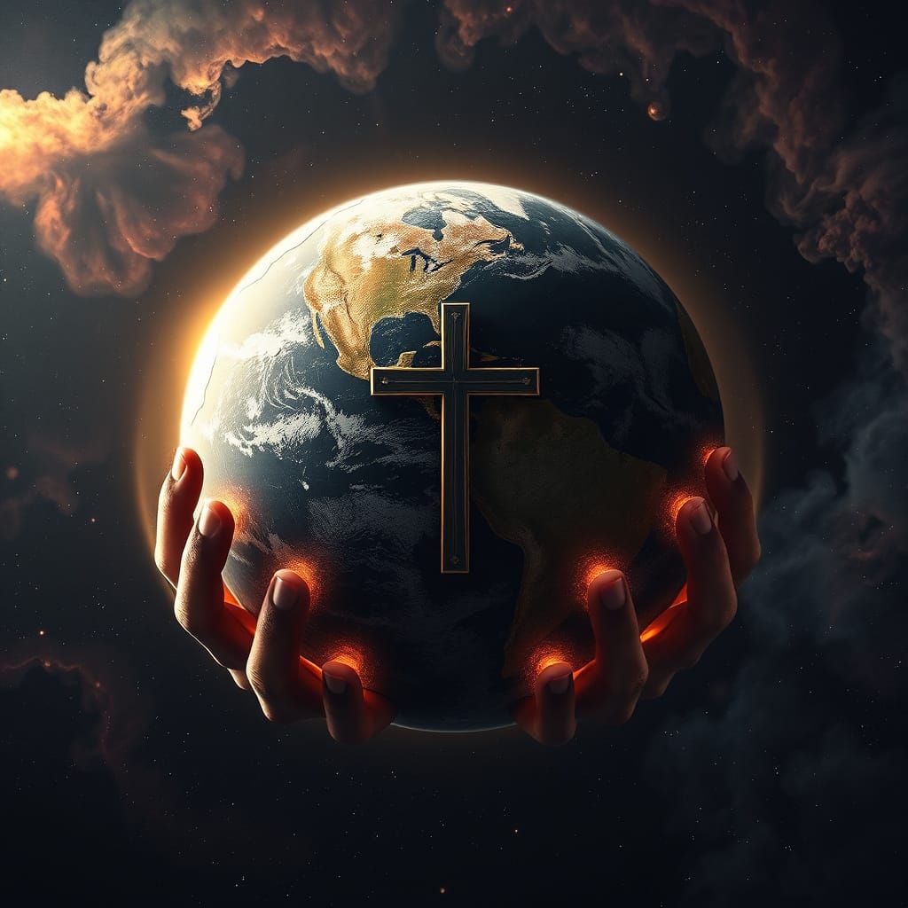 Ancient Globe Held in Cosmic Hands, Digital Matte Painting