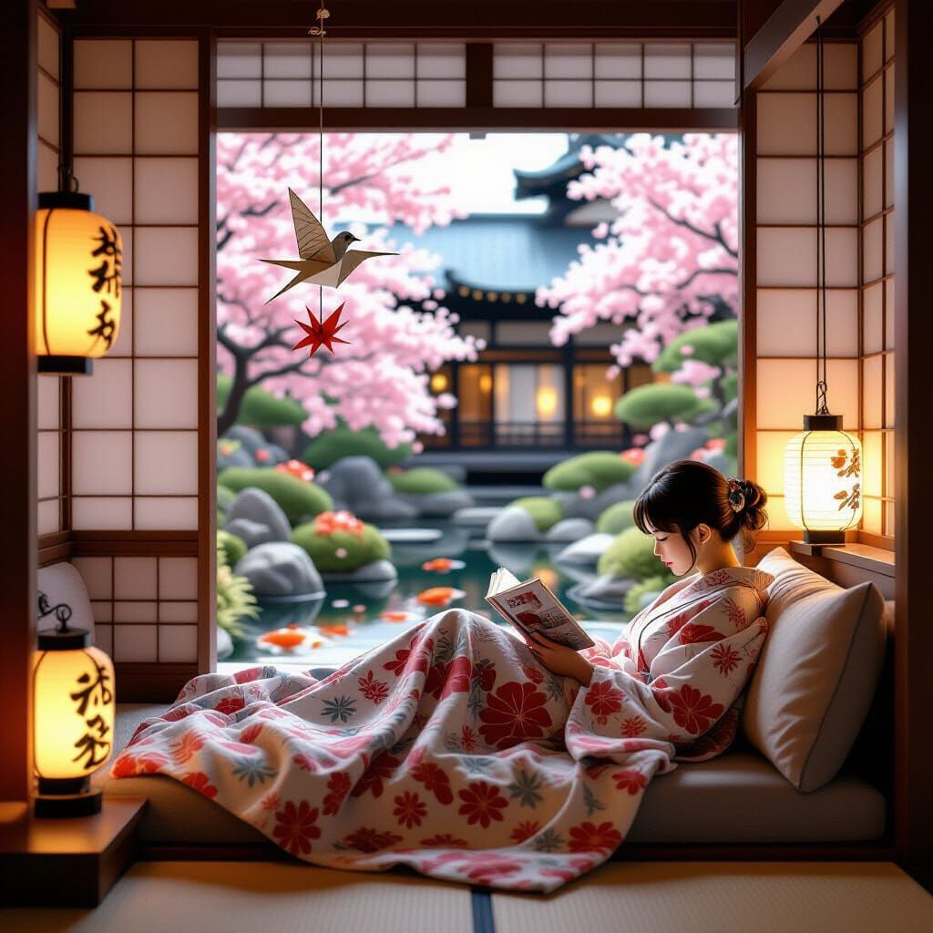 Japanese Reading Nook with Bonsai Garden