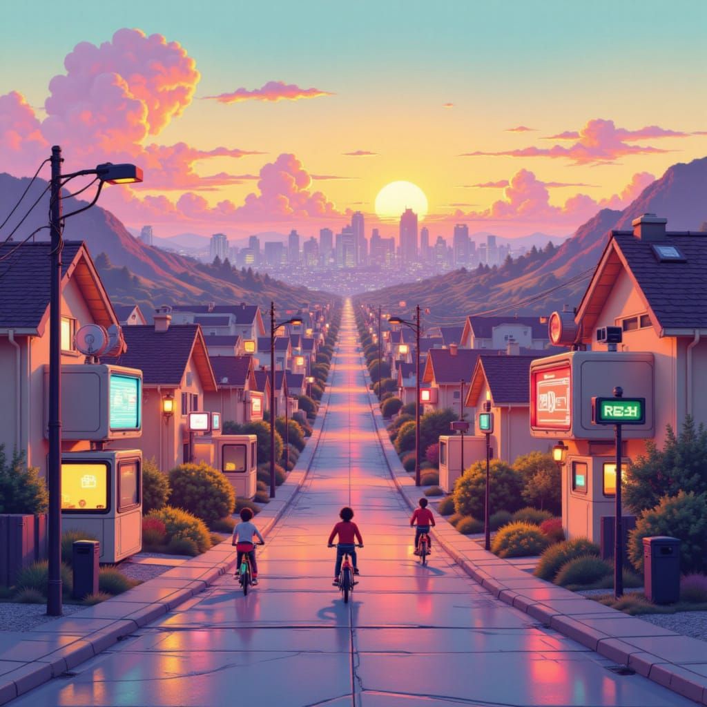 Retro-Futuristic Suburbia with Neon and Analog Tech