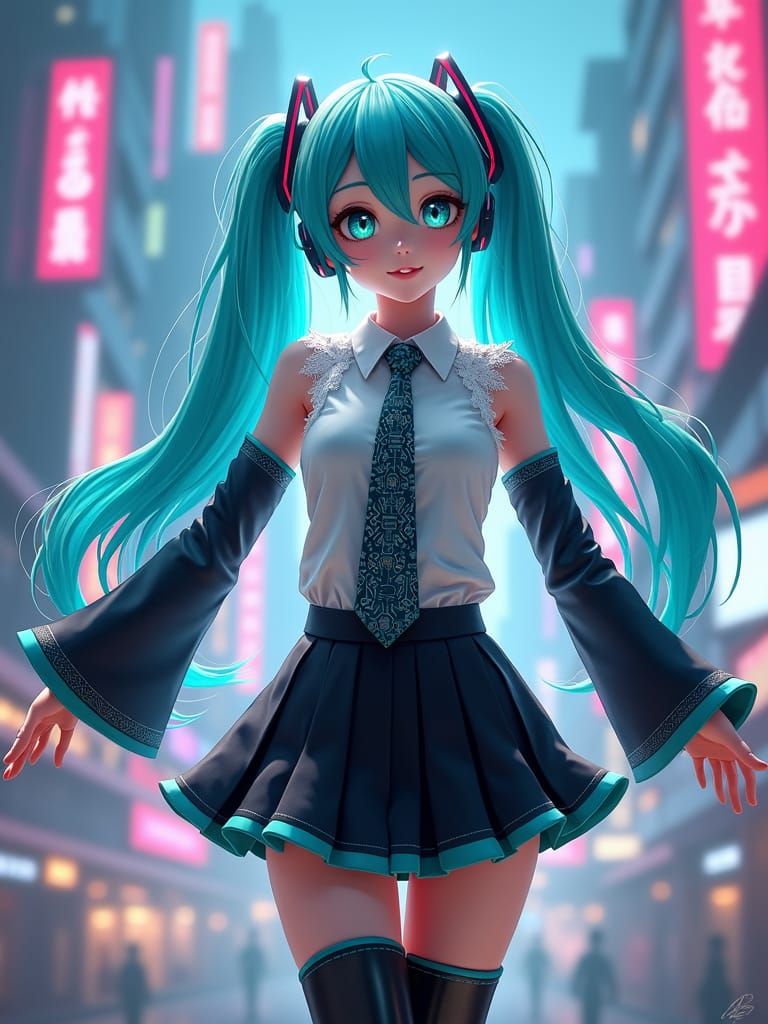 Hyper-realistic Hatsune Miku, reimagined as a living, breathing performer. Cascading electric-blue hair in twin tails fr...