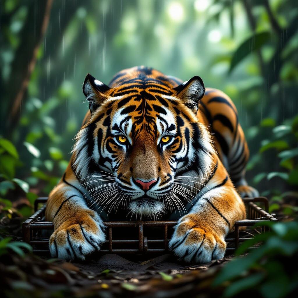 Black Tiger Trapped in Painful Snare in Rainforest