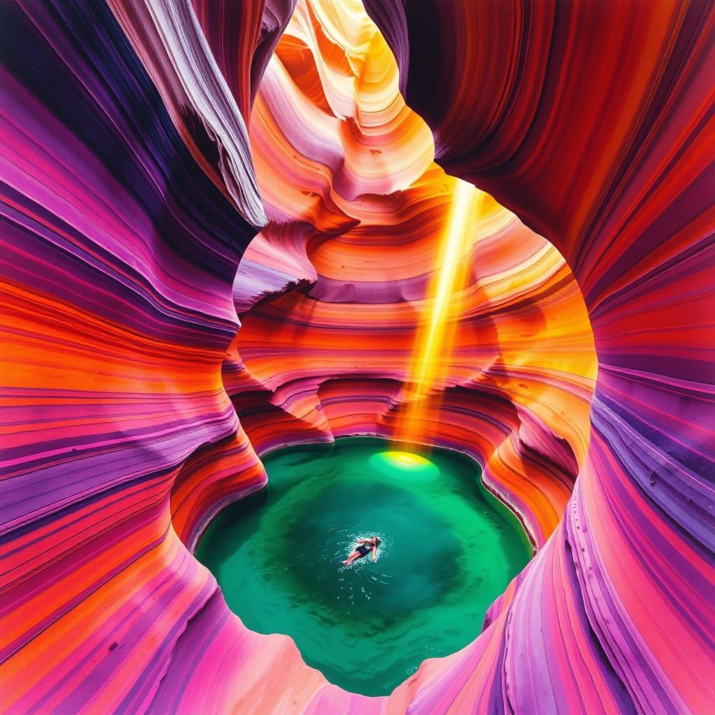 Malachite Pond in Slot Canyon: Ink Painting